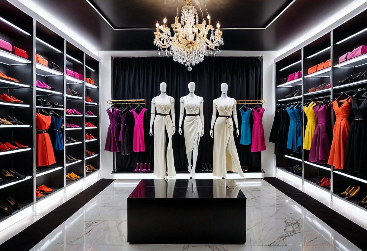 An elegant fashion boutique with mannequins dressed in glamorous, stylish outfits, surrounded by an array of luxurious cosmetics on sleek shelves. Showcase rich textures and vivid colors to highlight the sophistication, grace, and charisma of the items. Include soft lighting and tasteful decor. super-realistic. vibrant colors. modern setting.