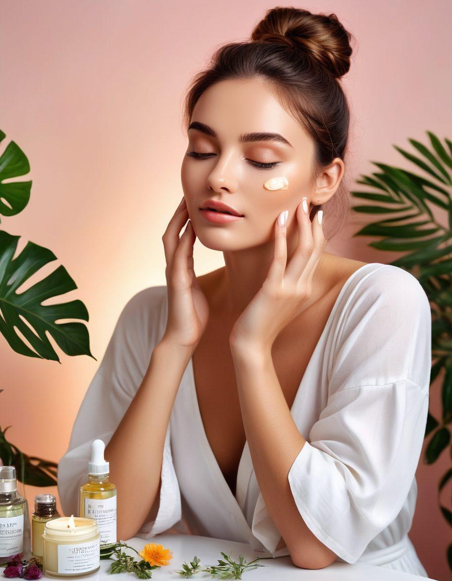 A beautiful woman with glowing, radiant skin, gently applying a luxurious face cream, surrounded by an assortment of natural skincare products like essential oils, face masks, and serums. Soft pastel background with botanical elements and soft light highlighting the freshness and purity of the scene. super-realistic. vibrant colors. white background.